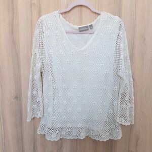 Croft & Barrow Womens Crochet Top Size L Cream Boho Coastal Cottage Romantic